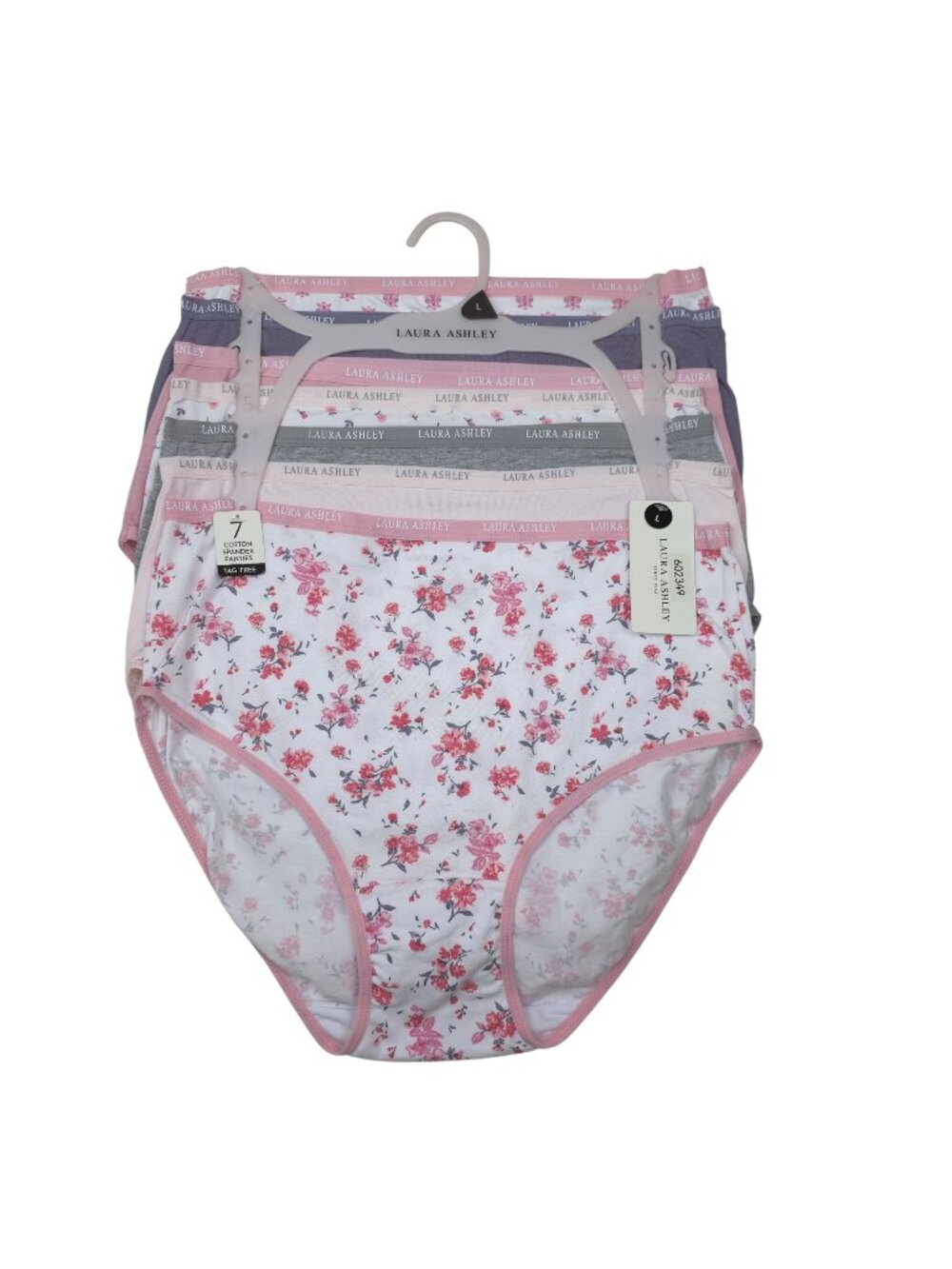 Laura Ashley Womens 7-Pack Panties Size L Cotton Spandex Tag-Free Pink Gray